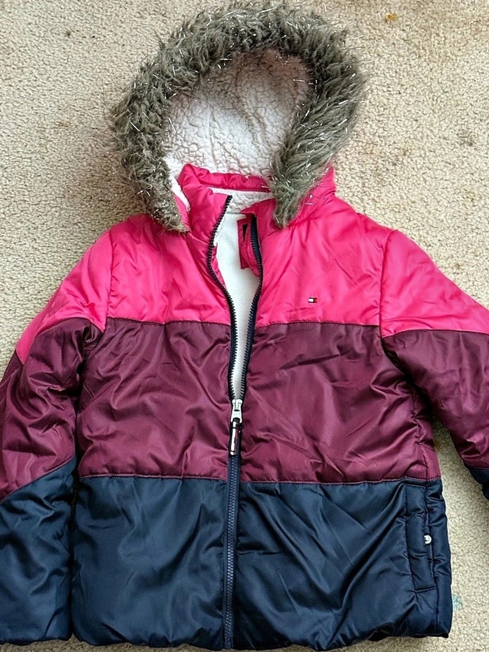 Tommy Hilfiger Girls Colorblock Puffer Jacket with Faux Fur Hood Pink & Blue